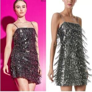 NWT $1000 Alice + Olivia Chicago Sequin Fringe Mini Dress Gunmetal Silver Sz 0